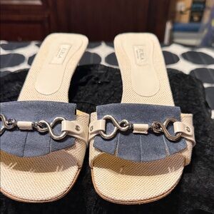 FURLA,  Blue and Cream Chain Detail Mules